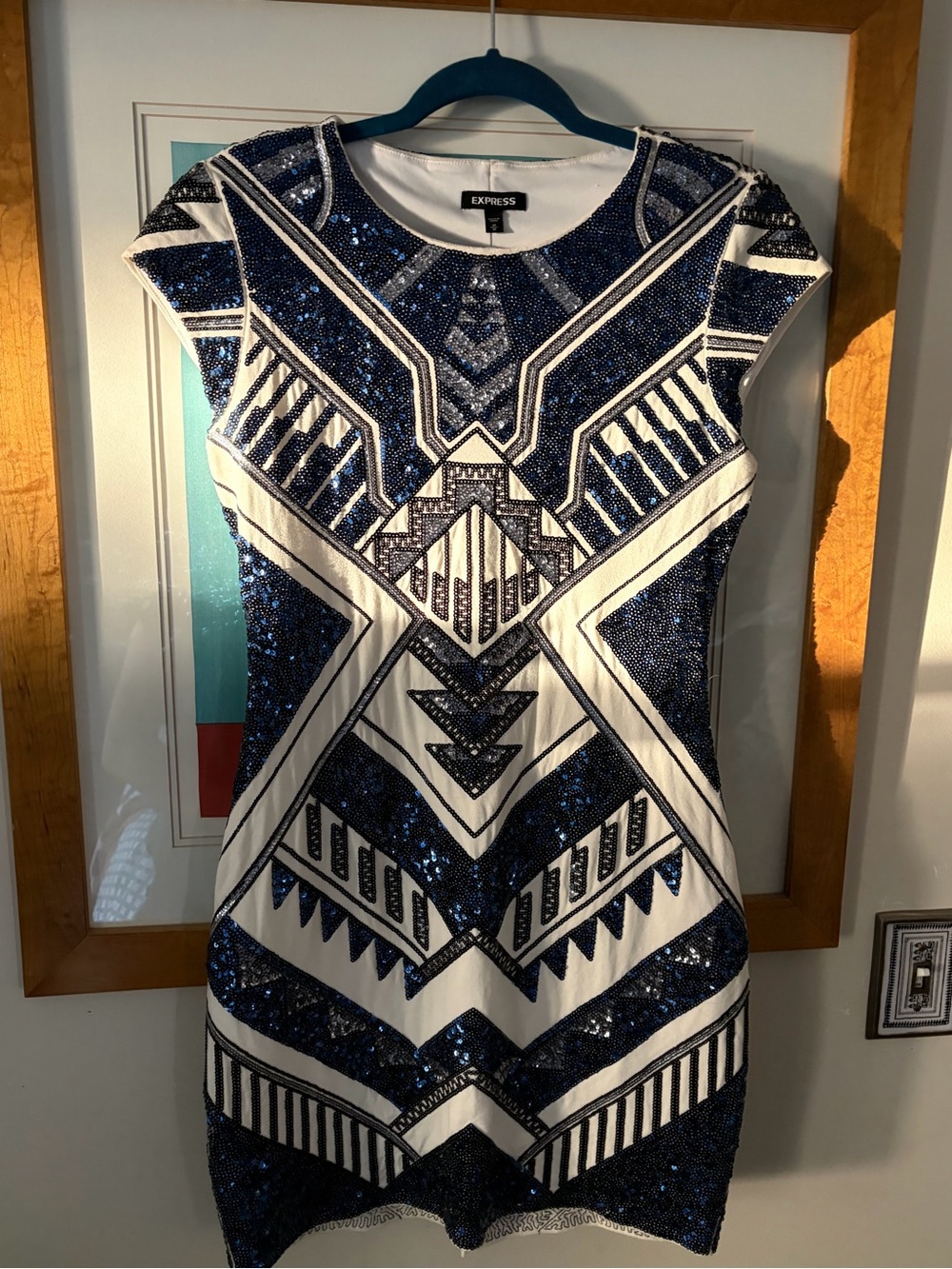Express Blue and Cream Sequin Geometric Stretchy Fitted Mini Dress. NWOT. - Picture 2 of 7